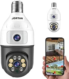 Câmera de Segurança Lâmpada Wi-Fi, Detector de Movimento e Rotação de 360°, Lente Dupla 1080P FHD Colorida e Visão Noturna 128G, Audio Bidirecional, Prova D'água IP44, iOS/Android, PTZ 355°, Espiã,ATM
